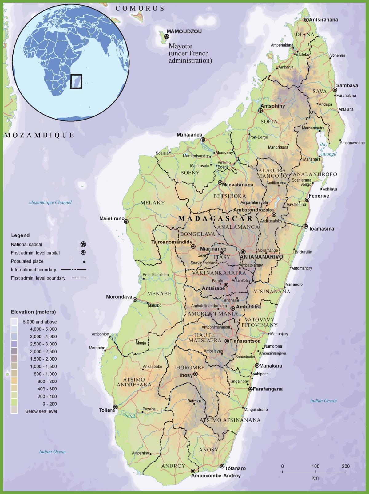 kaart van die fisiese kaart van Madagaskar