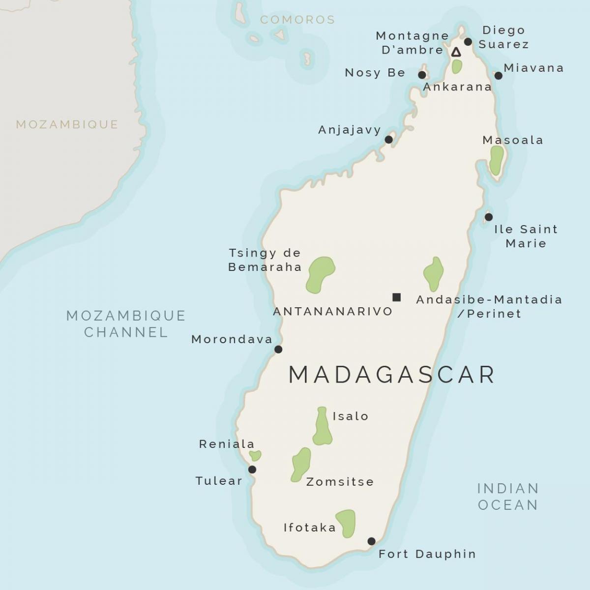 kaart van Madagaskar en die omliggende eilande