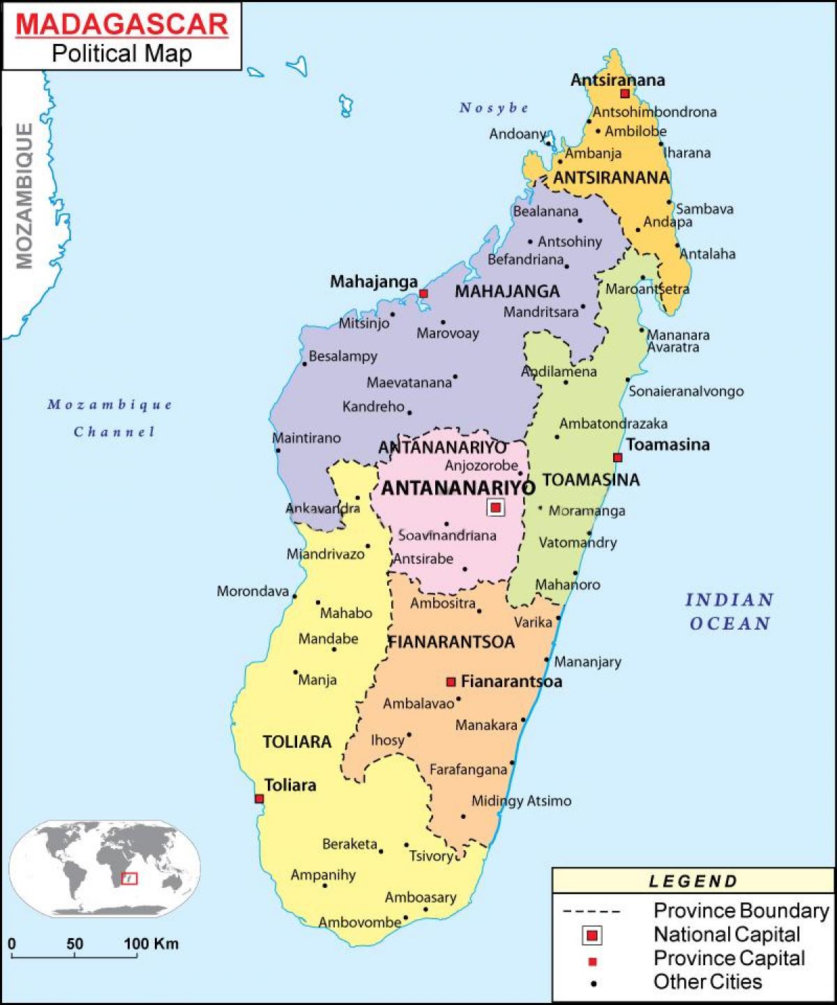 kaart van die politieke kaart van Madagaskar